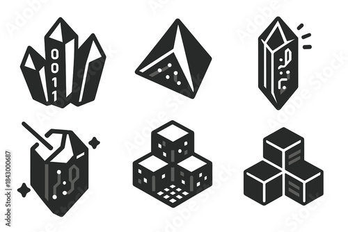Crystal Data Icons. Solid style icons of crystal memory storage: holographic crystals, data prisms, laser-etched cores.