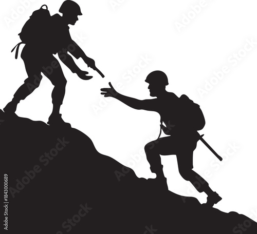 Silhouette of two soldiers helping each other climb a steep hill symbolizing teamwork and support in military operations vector illustration