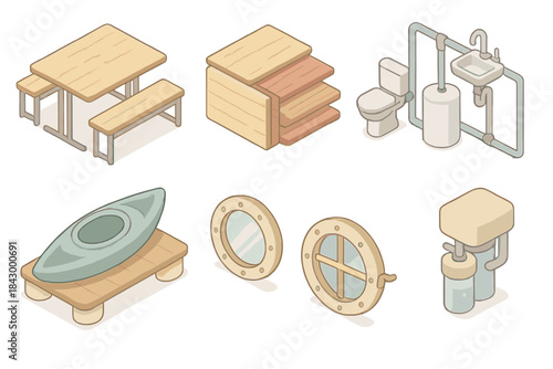 Tiny House Boat Designs. Isometric vector illustration set Tiny house boat customization: stowable dining table with benches,
