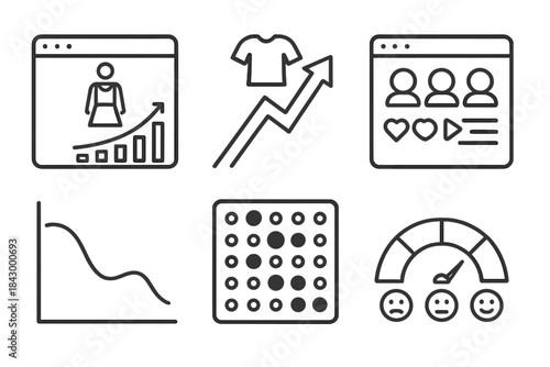 Fashion Analytics Icons. Line style icons of fashion analytics from virtual shows: outfit view count chart, style trend arrow,
