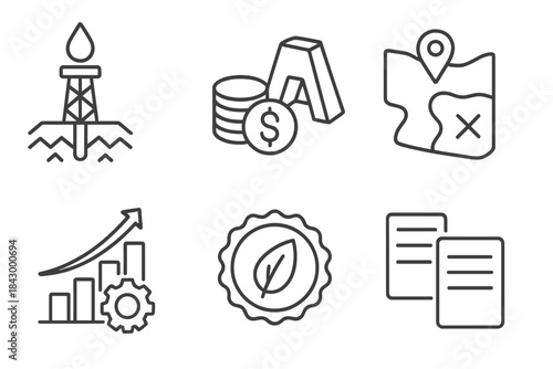Geothermal Innovation Icons. Line style icons of geothermal innovation challenges: drilling difficulty icon, high installation