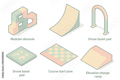 Drone Racing Course Design. Isometric vector illustration set Drone racing obstacle course design: modular obstacle block set,