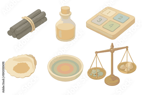 Medieval Pigment Tools. Isometric vector illustration set Medieval manuscript pigment recreation: charcoal stick bundle for black