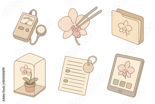 Rare Orchid Techniques. Isometric vector illustration set Rare orchid pollination techniques: light meter for bloom readiness,