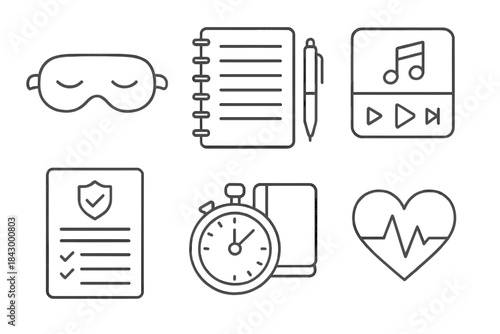 Therapeutic Tools Icons. Line style icons of common therapeutic tools: eye mask icon, journal and pen, guided playlist player,