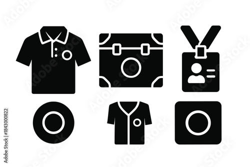 Tour Gear Icons. Solid style icons of professional tour gear: branded uniform glyph, equipment crate icon, ID badge. Staff ring,