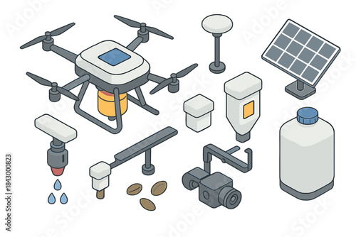 Robotics in Agriculture. Isometric vector illustration set Robotics and AI – Agricultural robot: field drone, sprayer nozzle, seed