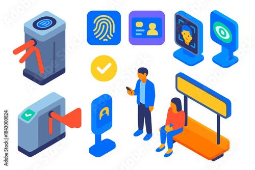 Biometric Transit Icons. Isometric vector illustration set Biometric authentication – public transit turnstile, fingerprint reader