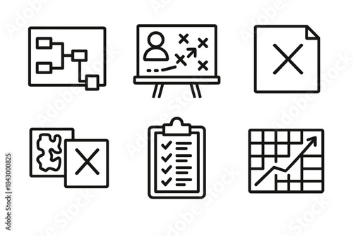 Tournament Strategy Icons. Line style icons of tournament prep and strategy: bracket layout guide, opponent analysis board, veto