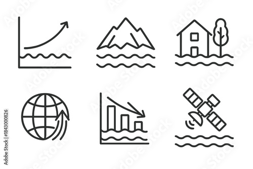 Climate Change Icons. Line style icons of sea level and climate change: sea level rise graph, glacier melt contribution, coastal