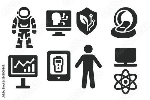 Innovative Exploration Icons. Solid style icons of next-gen exploration concepts: suit evolution glyph, AI monitor icon, hybrid