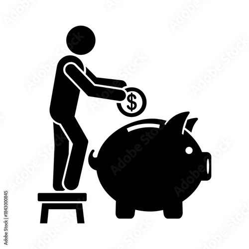 Stickman Saving Money into Piggy Bank – Financial Planning Illustration.