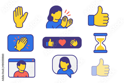 Virtual Meeting Reactions. Isometric vector illustration set Virtual meetings – virtual hand raise, reaction clap, thumbs up icon;