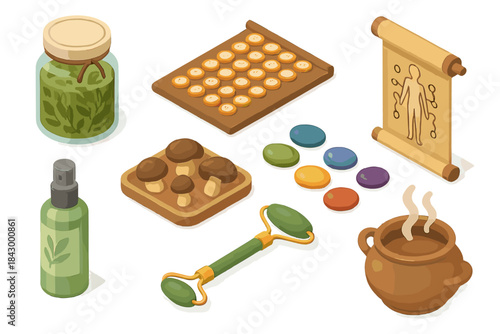 Traditional Medicine Tools. Isometric vector illustration set of Traditional medicine: fermented herb jar, acupuncture mat,