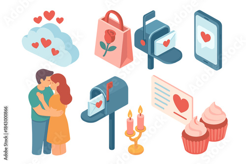 Romantic Isometric Elements. Isometric vector illustration set of Romantic & Love: floating hearts cloud, rose gift bag, love SMS