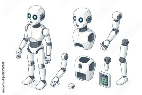 Humanoid Robot Design. Isometric vector illustration set Robotics and AI – Humanoid robot assistant: articulated head, torso
