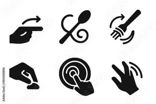 Gesture-Based Eating Icons. Solid style icons of gesture-based eating: hand movement icon, spoon swirl trail, fork twist motion.