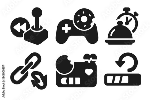 Gameified Reverse Eating Icons. Solid style icons of gameified reverse eating: rewind button joystick, gamepad with snack loop,