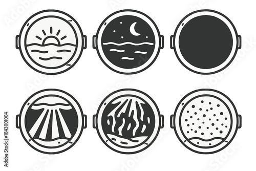 Underwater Hotel Icons. Line style icons of underwater hotel views: sunrise below water, moonlight reflecting in ocean, deep sea