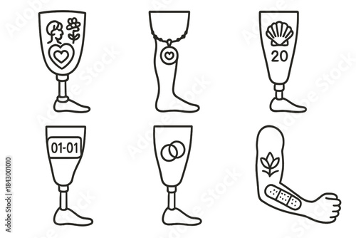 Prosthetic Ritual Icons. Line style icons of personal ritual and prosthetics: tattooed socket tribute, limb with memory charm,