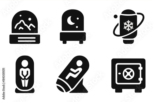Interstellar Cryo Icons. Solid style icons of planetary cryo-setups: Mars cryo facility, lunar pod unit, orbiting freeze lab.
