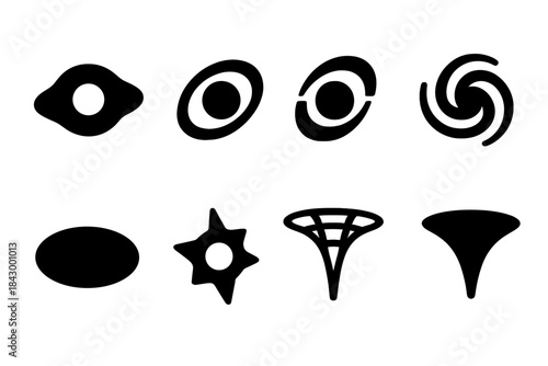 Theoretical Black Hole Icons. Solid style icons of theoretical black hole shapes: Schwarzschild shadow, rotating Kerr hole,