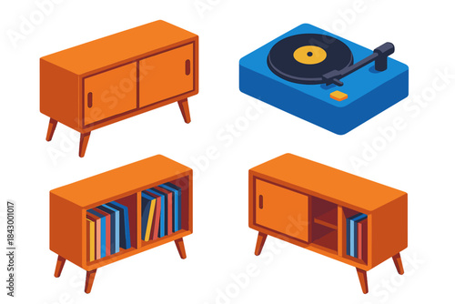 Antique Mid-Century Credenza. Isometric vector illustration set Antique furniture – Mid-century credenza, teak veneer, sliding