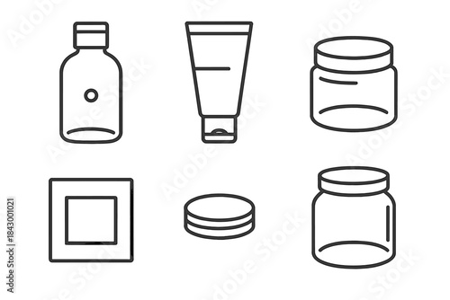 Minimalist Packaging Icons. Line style icons of minimalist genderless packaging: clear bottle with dot, tube with stripe only,