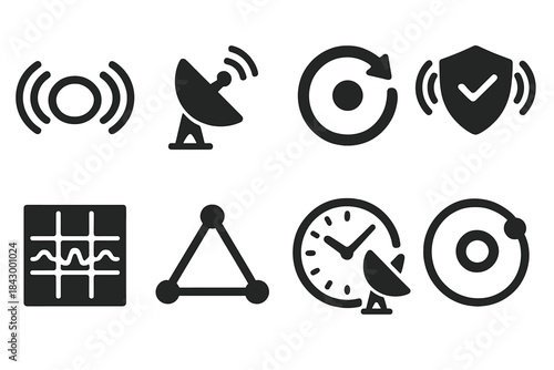 Interstellar Signal Icons. Solid style icons of interstellar signal syncing: radio wave loop, telescope sync beam, time delay icon