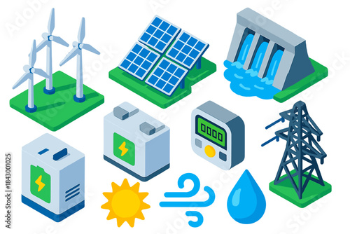 Renewable Energy Icons. Isometric vector illustration set Climate action – wind turbine farm, solar panel array, hydroelectric dam