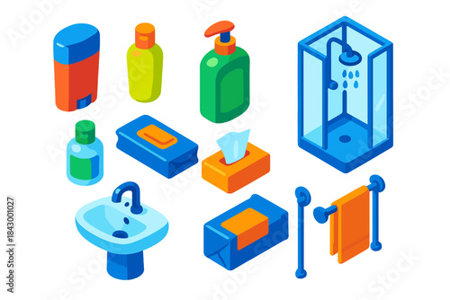 Vibrant Travel Gear Essentials. Isometric vector illustration set Travel gear – travel-size toiletries, deodorant stick, shampoo