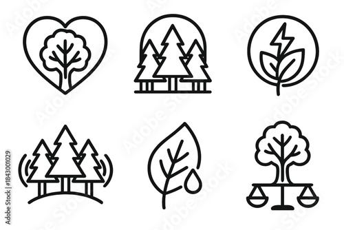 Forest Healing Icons. Line style icons of forest and healing connection: tree and heart, forest as sanctuary, nature energy symbol