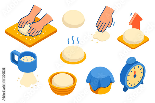 Isometric Cooking Techniques. Isometric vector illustration set Cooking techniques – kneading table, dough ball, hand press; flour