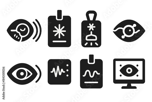 Quantum Sensor Icons. Solid style icons of photosensitive quantum sensors: light receptor cell icon, photon tag badge, entangled