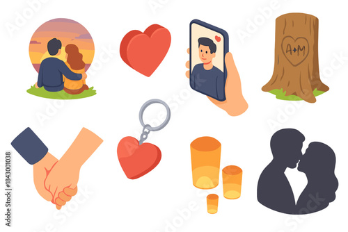 Romantic Isometric Moments. Isometric vector illustration set of Romantic & Love: couple watching sunset, red heart emoji,
