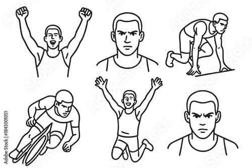 Athlete Emotions Icons. Line style icons of athlete emotions: celebration arms raised, focused face sketch, race start tension,