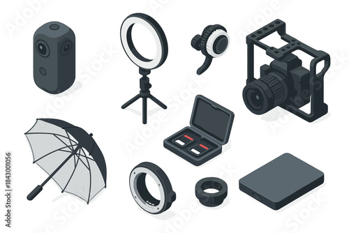 Photography Gear Isometric View. Isometric vector illustration set of Camera and Photography: 360 camera, LED ring light, focus