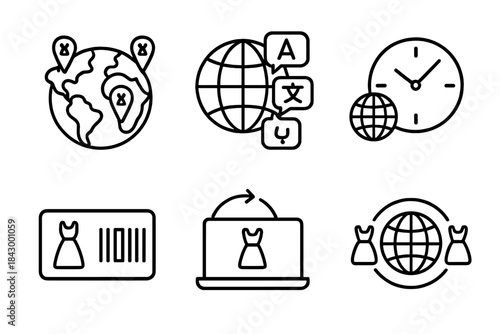 Global Fashion Icons. Line style icons of global fashion access: world map with fashion pins, multilingual stream icon, timezone