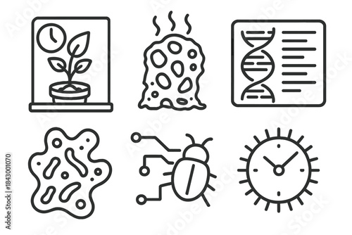Time-Based BioArt Icons. Line style icons of time-based BioArt: growing art installation, decaying tissue sculpture, real-time