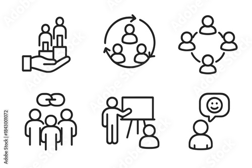 Team Dynamics Icons. Line style icons of team dynamic training: trust building chart, synergy flow loop, team role diagram,