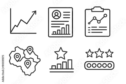 Data Insights Icons. Line style icons of data insights for zero brews: market growth graph, consumer trends report, product