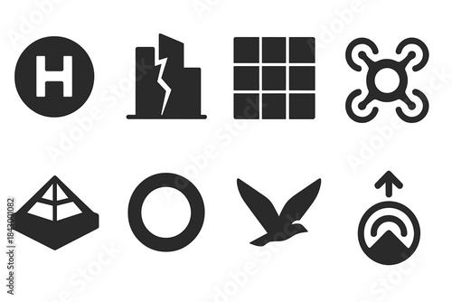 Megastructure Top Views. Solid style icons of megastructure top views: helipad glyph, skyline crack icon, grid badge. Drone ring,