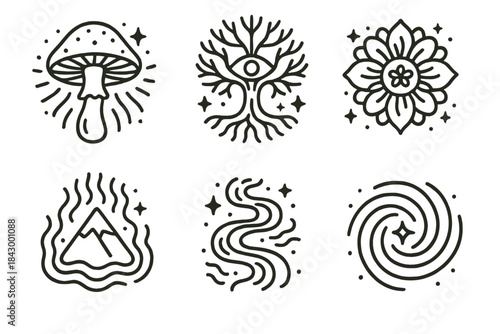 Psychedelic Nature Icons. Line style icons of nature-inspired psychedelic visuals: glowing mushroom, tree of consciousness, cosmic