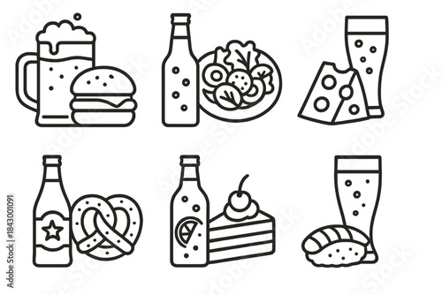 Food Pairing Icons. Line style icons of food pairings: brew with burger icon, mock beer and salad plate, tonic and cheese combo,