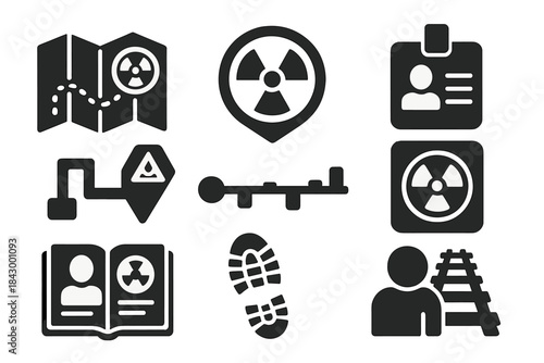 Post-Nuclear Tourism Icons. Solid style icons of post-nuclear tourism guides: tour map glyph, safe path icon, badge ID. Marker