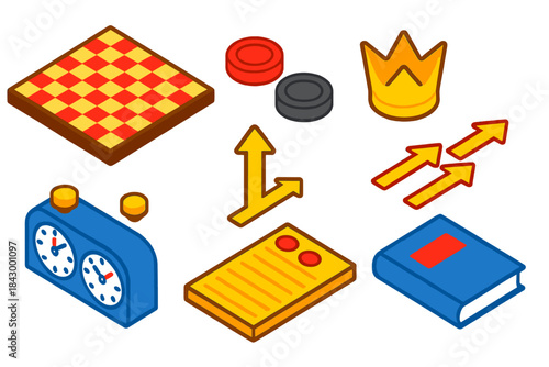 Colorful Checkers Essentials. Isometric vector illustration set Board games – checkered board, red disc, black disc; king crown