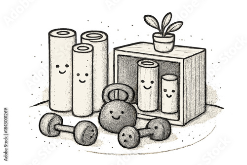 Cozy Home Gym Corner. Charming doodle art of cozy home gym corner with happy weights, mats, and rollers tucked away neatly, No