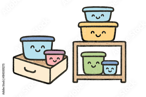 Whimsical Meal Prep Doodles. Whimsical doodle of cute meal prep boxes labeled by colors and sizes, smiling as they fit perfectly