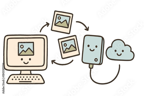 Happy Photo Backup. Cute doodle illustration of a digital photo backup workflow with smiling computers, hard drives, and cloud