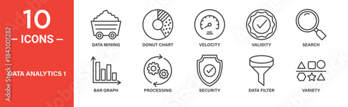 Data analytics icon set. Data analytics vector symbol in black filled and outlined style.